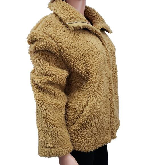 PacSun Teddy Jacket Faux Fur Sherpa Fleece Full zip up Lined Oversized Tan M L - Picture 4 of 10